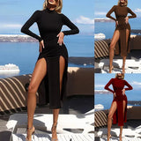 Fongt Spot 2023 Autumn Solid Color Sexy Slim Double Slit Half High Collar Long Sleeve Pit Dress-Outfit