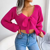 Wind Shooting Autumn And Winter Fashion Bow V Leader Lantern Sleeve Open Umbilly Sweater Women's