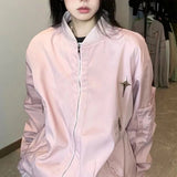 Fongt Vintage Multi-Zipper Work Jacket Female Popular Logo Loose Harajuku Style Baseball Uniform Versatile Jacket-Outfit
