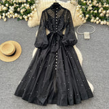 Fongt Standing Collar Nails Drilled Full Of Star Buckle Lantern Sleeves Tied With Waist Temperament Dress Famous Party Dress Dress