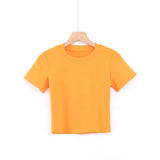 Trendy Women's T-Shirt Summer New Round-Neck Short-Sleeved Solid Color Short Navel Slim Pullover-Outfit