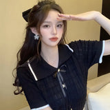 Women Knitted Lapel Collar Slim Fit T Shirt Crop Top Casual TeeShort Sleeve Workout Top Base Shirt-Outfit