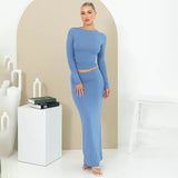 Autumn Solid Round Collar Long Sleeves Half-Length Skirt Slim Suit 2023 Casual Women Two-Piece Set-Outfit