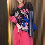 Cartoon Letter Printed Pullovers Casual Loose Summer Thin Round Neck Women's Clothing Fashion Spliced Basic Gauze T-shirt-Outfit