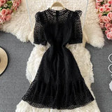 2022 New Fashion Summer Lace Dress Female Hollow Out High-End Temperament Sweet Elegant Ruffle Dresses