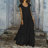 Elegant Women Short Sleeve Ruffles Dress Summer Solid Cotton Linen Sundress Femme Robe Party Long Vestido Loose
