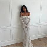 Fongt Women's Dress 2025 New Fashion Elegant Sexy One-Word Shoulder Lace Dress