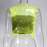 Fongt Nightclub Dresses Fishnet Hollow Out Rhinestone Vest Mesh Flash Diamond Sling Top