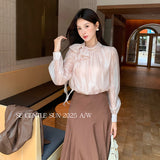 Fongt Xixi 2025 Autumn White Standard Thousand Gold Wind Bow Tie With Bottom Shirt Women's Long-Sleeved Top Tide 89550