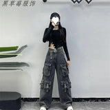 Fongt High Street Multi-Pocket Black Work Clothes Jeans Women 2025 New High-Waisted Loose Broad-Legged Trousers