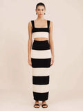 Fongt East New Women's Black And White Knitted Striped Long Suit Vest With Sweater Skirt