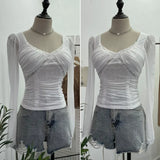 Fongt Wind Belt Chest Mat Lace Splicing Mesh Yarn Long-Sleeved T-Shirt Short Slim Top 2673