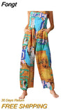 Women Casual Floral Print Strappy Dungarees Vintage Cotton Linen Loose Party Long Harem Overalls Rompers