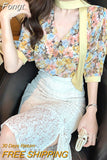 Floral Print Chiffon Blouse Women Korean Elegant Bow Tie Scarf Collar Sweet Shirts Loose Casual Short Sleeve Tops