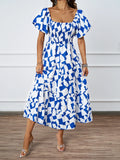Fongt New Temperament Collar Print Pony Dress Bubble Sleeve Dress Woman