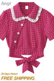 Plaid Shirt Kawaii Peter Pan Collar Preppy Style Women's Blouses Sweet Short Sleeve Bow Tops 2023 Summer Fashion