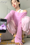 Y2K Aesthetic Pink Cropped Sweater Women Harajuku Vintage Hollow Out Knitted Pullover Korean Fashion Loose Casual