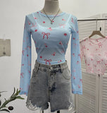Real Shooting Bow Print Bare Back Net Yarn Sunscreen Long-Sleeved T-Shirt Hottie With Chest Pads Two Short Tops