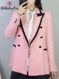 Women Tweed Blazers Thick Winter Elegant Slim Fit Pink Office Ladies Long Sleeve Pocket Coats Jacket Female Outerwear-Outfit