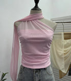 Fongt Shooting Mesh Ribbon Hanging Neck Folded Sleeveless Top Babes Two-Wearing Design Wrapping Bras 1125