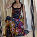 Fongt Ins Women's Summer 2023 New Fashion Vintage Tie-Dye Print Sexy U-Neck Slim Dress Long