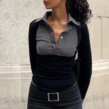 Fongt Women's Wear Fall 2023 New Polo Collar Temperament Stripe Contrast Color Slim All-Match Long-Sleeved Top