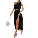 Fongt Women's Fashion Slanted Shoulder Bow Set Open Large Pendulum Dress Two Sets Of Women