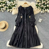 Fongt Retro Design Collar Lotus Side Splicing Single Buckle Horn Lace Lace Waist Dress Woman