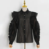 Solid Color Chiffon Perspective Shirt For Women Lepal Long Sleeves Floral Ruffle Shirts Female 2022 Spring