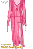 Through Maxi Dresses for Women 2023 V Neck Split Bodycon Mesh Dress Long Sleeve See Through Cover-Ups for Beach