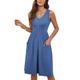 Fongt Dress Casual Fashion Foldless Sleeveless Buckle Long With Pocket