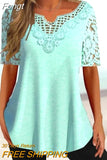 Lace Short Sleeve Blouse Women Elegant V Neck Sweet Tops Mujer Ladies Casual Slim Shirt Simple Hollow Stitching