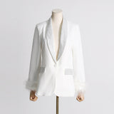 Fongt New Temperament Top Collar With Diamond Design Sense Cuff Stitching Ostrich Hair Long Sleeve Suit Spring Style-Outfit