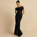 Fongt Women's Autumn New Word-On-A-Shoulder Perspective Sexy Lace Open-Fork Body-Body-To-Ssing Dress Woman