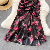 Fongt New Light Luxury Chiffon Print Dress Temperament Lotus Side Fishtail Dress Female Dress Thin