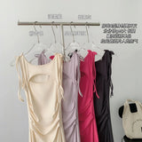 Women Fashion Solid Midi Dress Vintage Backless Sling Dress Thin Straps Female Dresses