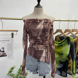 Fongt Dyed Printed Shoulder T-Shirt Design Sense Irregular Open Fork Thin Mesh Long Sleeve Top 8958