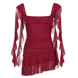 Fongt Lotus Leaf Tie With Red Dress Summer Thin Mesh Style Tens Of Thousands Of Folded Belt Hanging Skirts