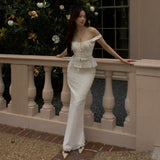 Fongt Summer New Ins Temperament Square Collar Lace Lace Jacket High Waist Slim Show Thin Fish Tail Dress Suit