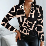 Women Turn Down Collar Print Blouse Casual Female Long Sleeve Slim Top Shirts Autumn Pullover Office Lady Blouse
