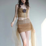 2024 Summer New Women's Three-Dimensional Flower Decoration Wrapped Chest Umbilly Vest Mesh Half-Dress