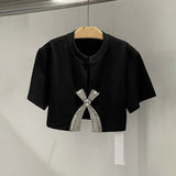 Fongt Simple Diamond Bow Bow Short-Sleeved T-Shirt 2025 New Trendy Niche Girl Open Fork Blouse Autumn And Winter