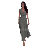Fongt Summer Women's Solid Color Lapel Tie Waist Sleeveless Temperament Dress-Outfit