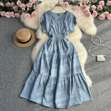 Fongt Gentle Wind Ruffle Collar Dress Female Summer Simple Pure Color Double Flying Sleeve Design Platycodon Grandiflorum First Love Skirt-Outfit
