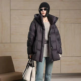 Advanced Sense Down Jacket Female 2024 Winter Thick Puff Feeling Hooded Loose White Duck Velvet Big Bread Coat-Outfit