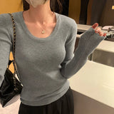 Round Collar Slim Long-Sleeved T-Shirt Girls Autumn And Winter New Beautiful Ins Knitted Blouse-Outfit