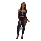 Fongt Women's Clothing 2023 Mesh Perspective Hollow Diamond Wrap Bra Long Sleeve Trousers Casual