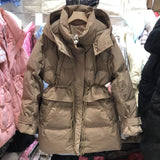 Down Jacket Female Long 2024 New Slim Tide Small Winter Hat Waist Rope Coat White Duck Down-Outfit