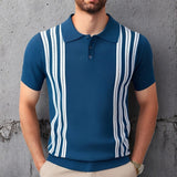 Fongt Men's Summer Short Sleeve Knit Dress Black Striped Business Casual POLO Shirt Men's