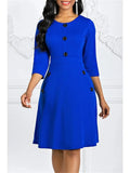 Women Spring Autumn Solid A-Line Dress Single-Breasted Design Pockets Decor O-Neck Three Quarter Sleeve High Waist Slim
